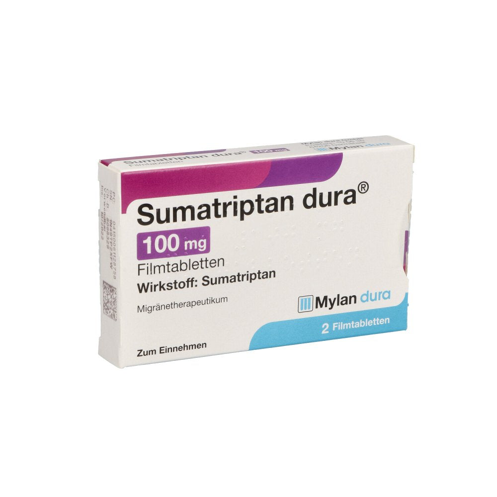 Das Produktfoto zeigt Sumatriptan Dura 100 Mg Filmtabletten (2 stk) PZN 06112875