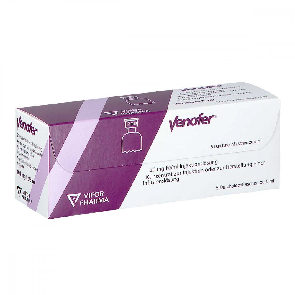 Das Produktfoto zeigt Venofer 20 Mg Fe/Ml Injektionslösung Dsfl. (5X5 ml) PZN 06118748