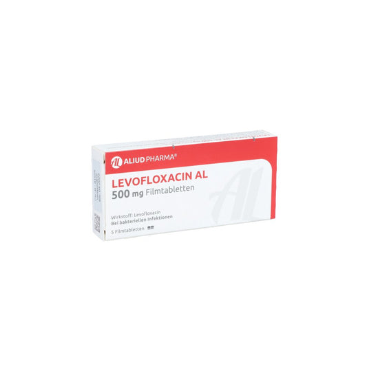 Das Produktfoto zeigt Levofloxacin Al 500 Mg Filmtabletten (5 stk) PZN 06122371