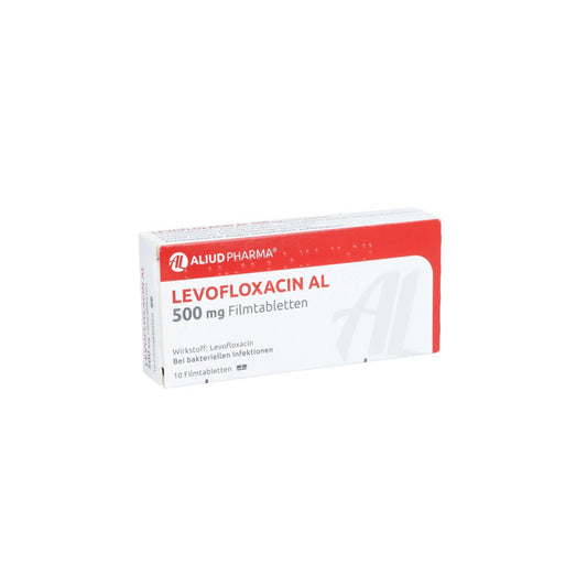 Das Produktfoto zeigt Levofloxacin Al 500 Mg Filmtabletten (10 stk) PZN 06122394