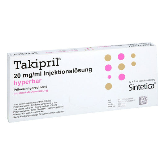 Das Produktfoto zeigt Takipril 20 Mg/Ml Injektionslösung Ampullen (10X5 ml) PZN 06140854