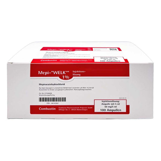 Das Produktfoto zeigt Mepi Welk 1% Injektionslösung Ampullen (100X5 ml) PZN 06143367