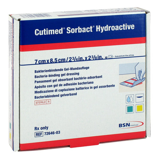 Das Produktfoto zeigt Cutimed Sorbact Hydroactive Kompressen 7x8,5 Cm (10 stk) PZN 06148063