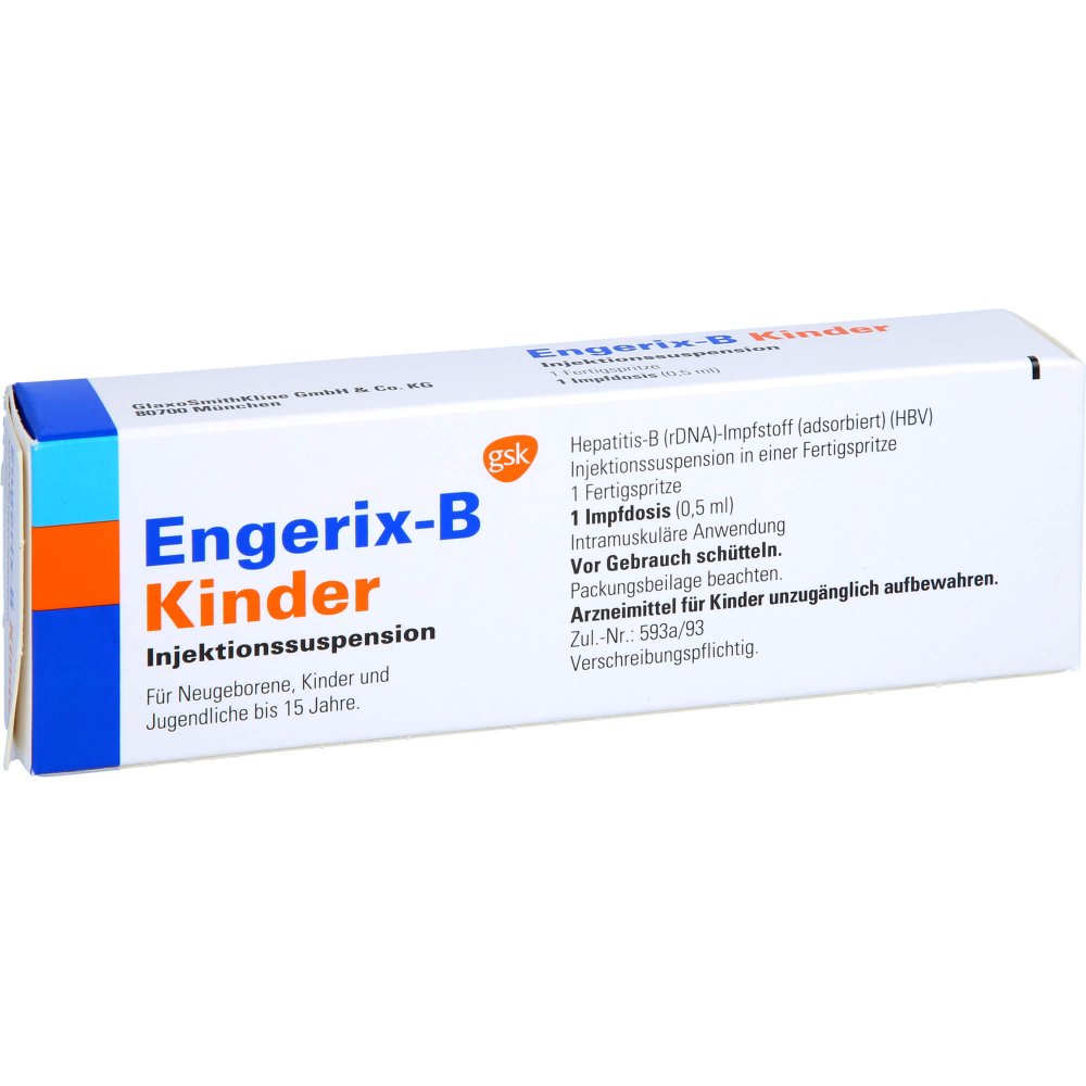 Das Produktfoto zeigt Engerix-B Kinder Inj.-Susp.I.E.Fertigspritze O.Kan (1X0.5 ml) PZN 06155413