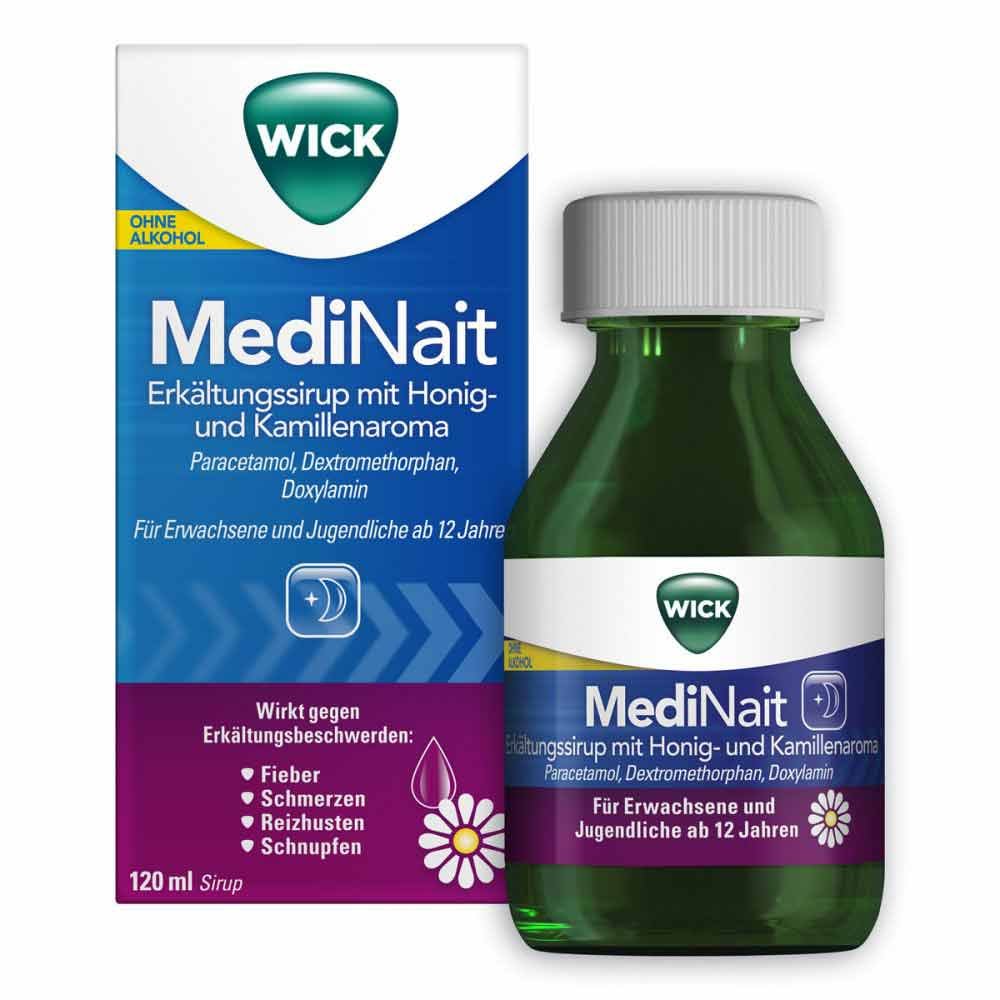 Das Produktfoto zeigt Wick Medinait Erkält.Sirup M.Honig-U.Kamillenaroma (120 ml) PZN 06156393