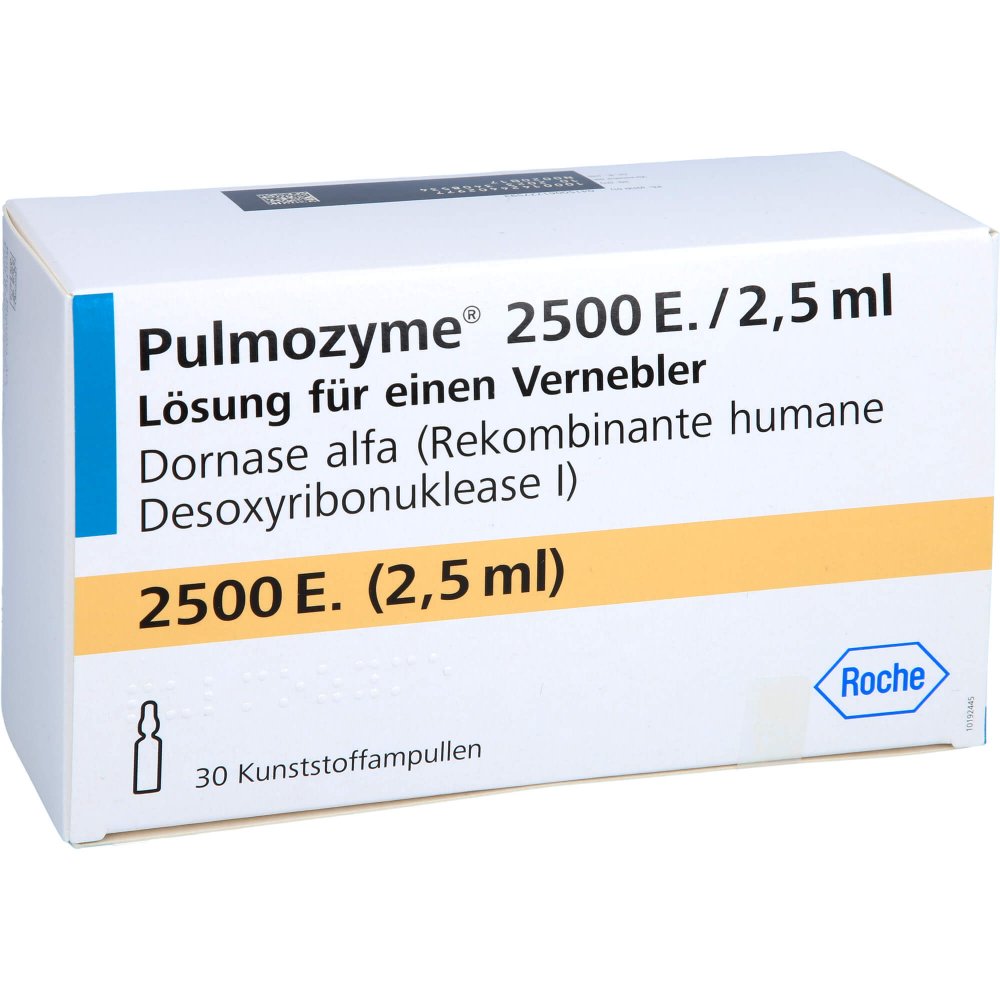 Das Produktfoto zeigt Pulmozyme 2.500 E./2,5 Ml Lsg.F.Verneb.Kunsts.Amp. (30 stk) PZN 06172759