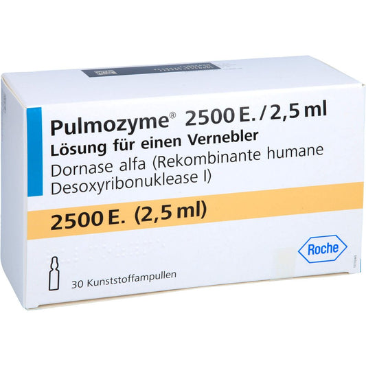 Das Produktfoto zeigt Pulmozyme 2.500 E./2,5 Ml Lsg.F.Verneb.Kunsts.Amp. (30 stk) PZN 06172759