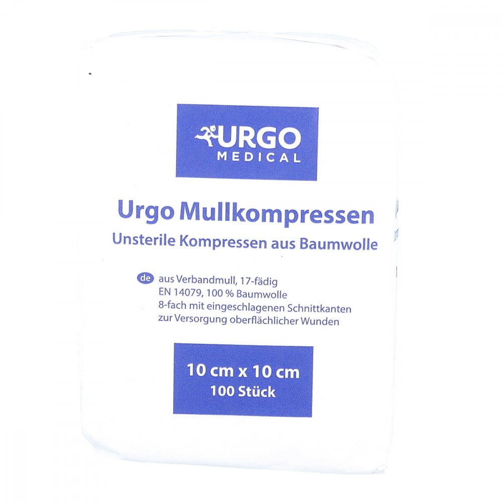 Das Produktfoto zeigt Urgo Mullkompressen 10x10 Cm Unsteril (100 stk) PZN 06187927