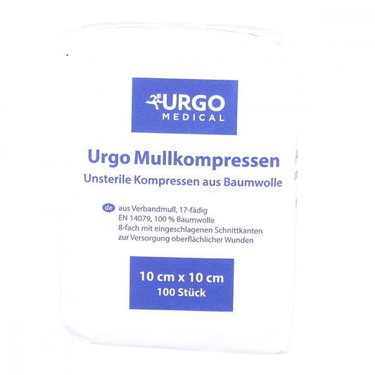 Das Produktfoto zeigt Urgo Mullkompressen 10x10 Cm Unsteril (100 stk) PZN 06187927