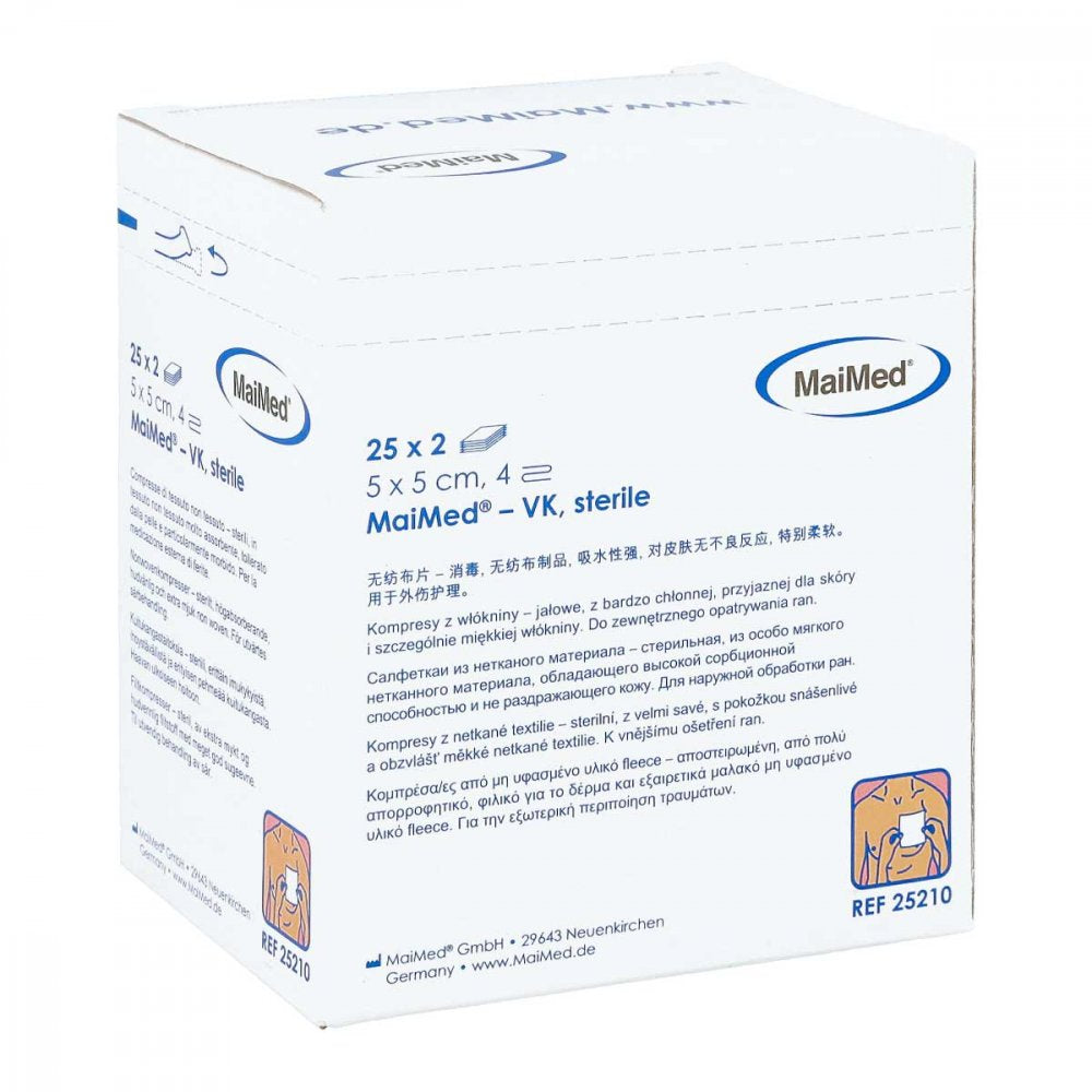 Das Produktfoto zeigt Vliesstoff-Kompressen Steril 5x5 Cm 4fach (25X2 stk) PZN 06310291