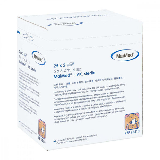 Das Produktfoto zeigt Vliesstoff-Kompressen Steril 5x5 Cm 4fach (25X2 stk) PZN 06310291