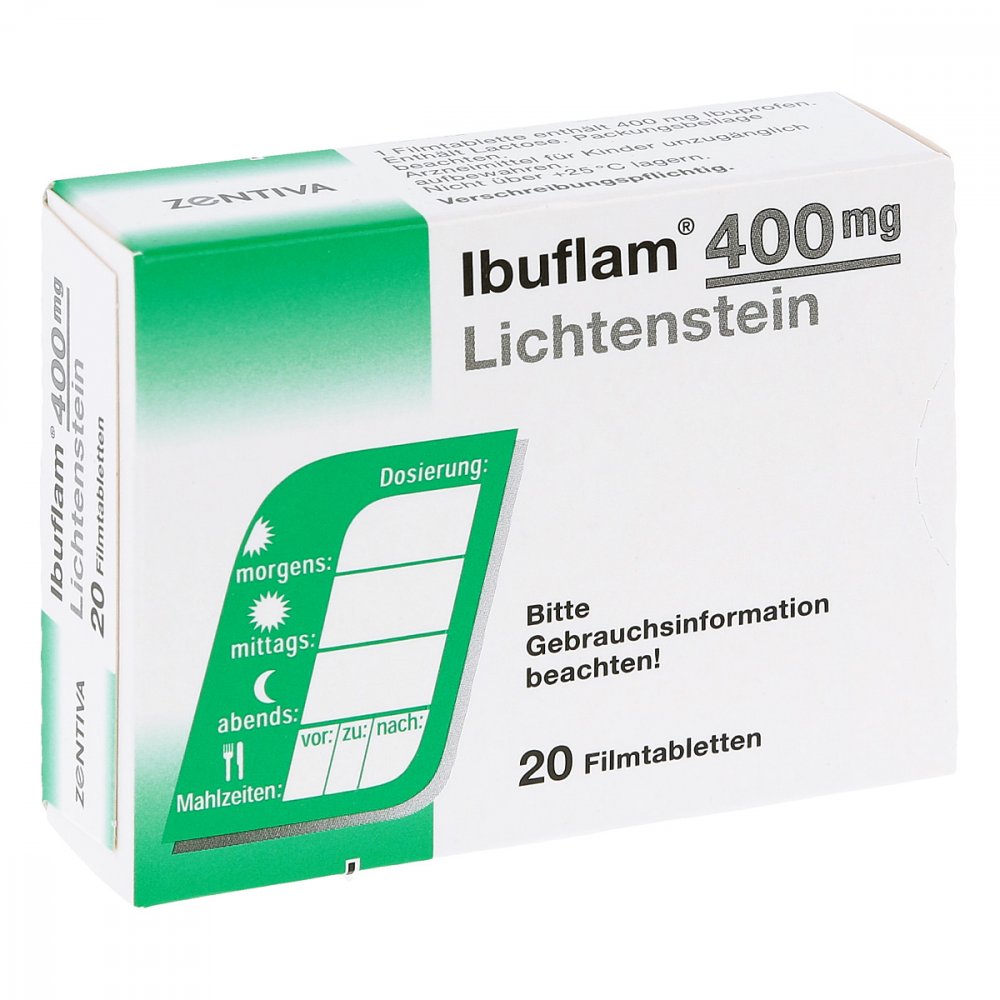 Das Produktfoto zeigt Ibuflam 400 Mg Lichtenstein Filmtabletten (20 stk) PZN 06313355