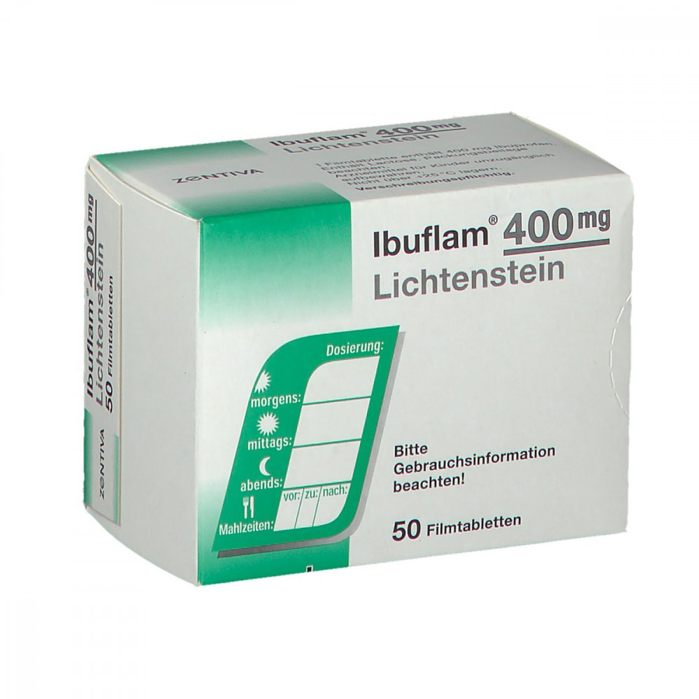 Das Produktfoto zeigt Ibuflam 400 Mg Lichtenstein Filmtabletten (50 stk) PZN 06313361