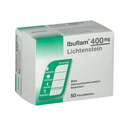 Das Produktfoto zeigt Ibuflam 400 Mg Lichtenstein Filmtabletten (50 stk) PZN 06313361
