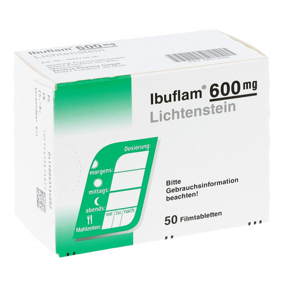 Das Produktfoto zeigt Ibuflam 600 Mg Lichtenstein Filmtabletten (50 stk) PZN 06313409