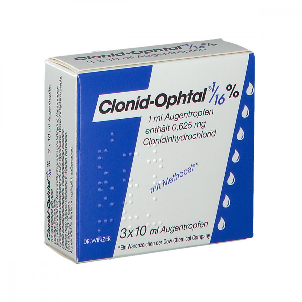 Das Produktfoto zeigt Clonid Ophtal 1/16% Augentropfen (3X10 ml) PZN 06319033