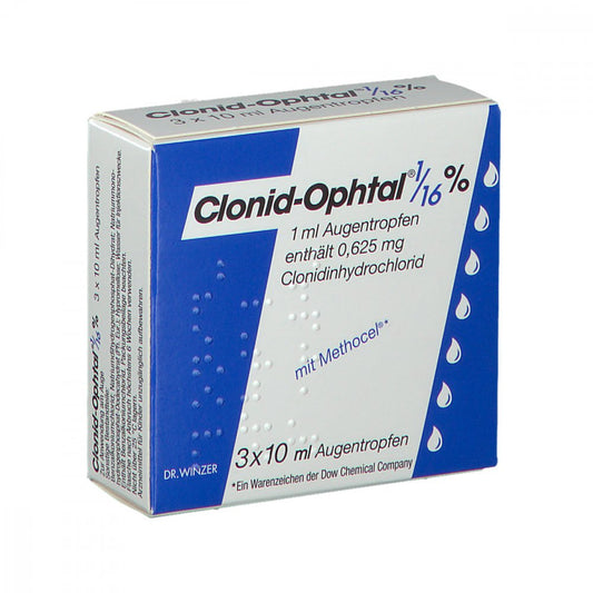 Das Produktfoto zeigt Clonid Ophtal 1/16% Augentropfen (3X10 ml) PZN 06319033