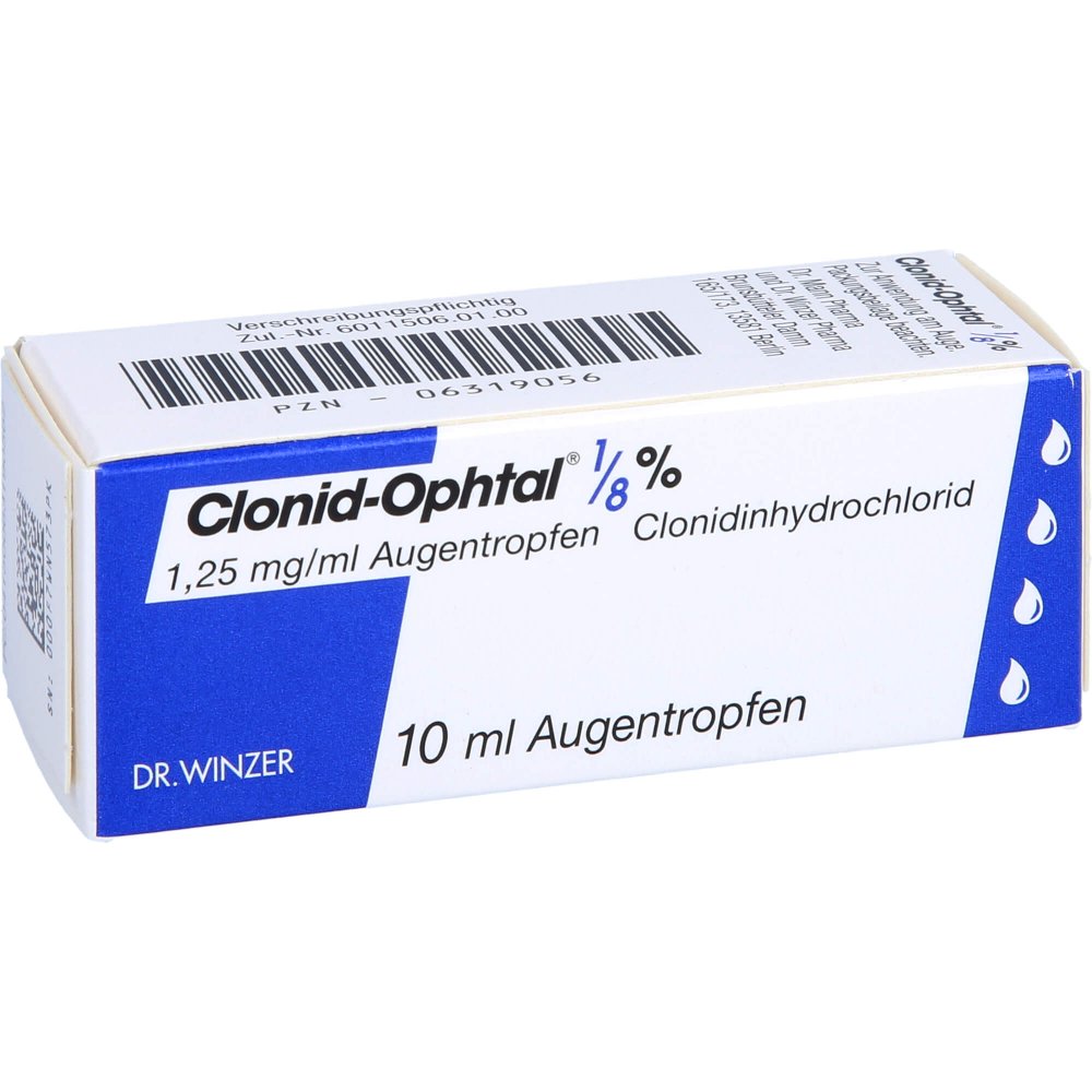 Das Produktfoto zeigt Clonid Ophtal 1/8% Augentropfen (10 ml) PZN 06319056