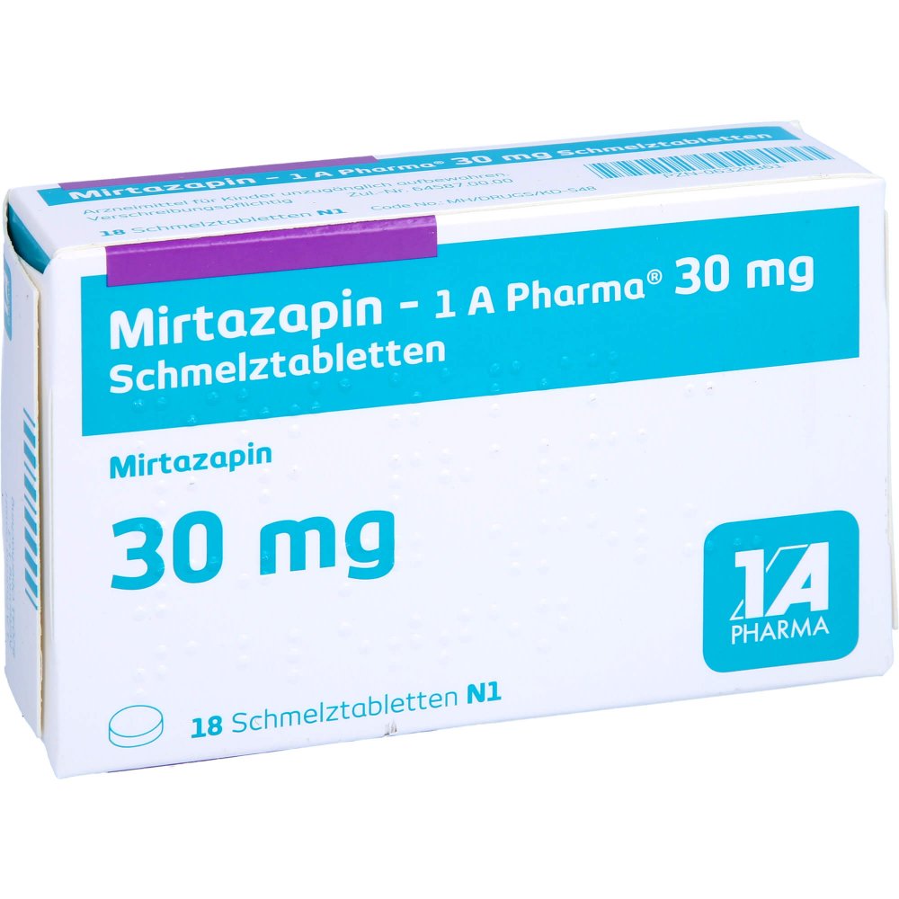 Das Produktfoto zeigt Mirtazapin-1a Pharma 30 Mg Schmelztabletten (18 stk) PZN 06320361