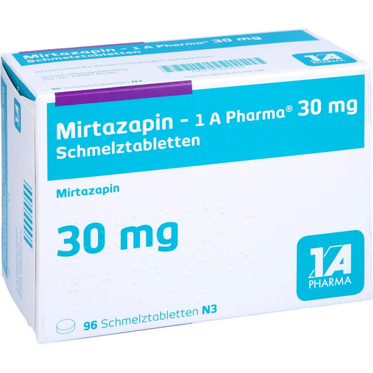 Das Produktfoto zeigt Mirtazapin-1a Pharma 30 Mg Schmelztabletten (96 stk) PZN 06320929