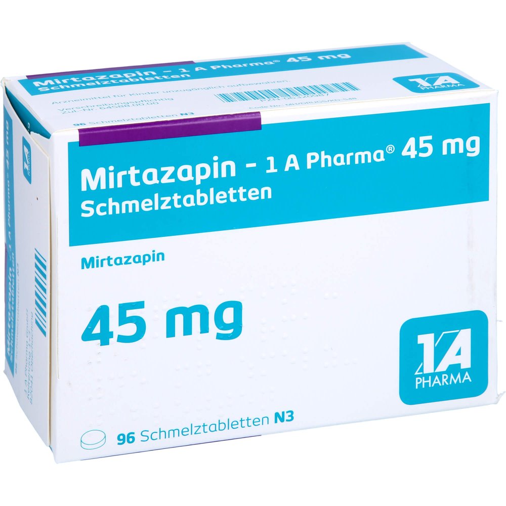 Das Produktfoto zeigt Mirtazapin-1a Pharma 45 Mg Schmelztabletten (96 stk) PZN 06320987