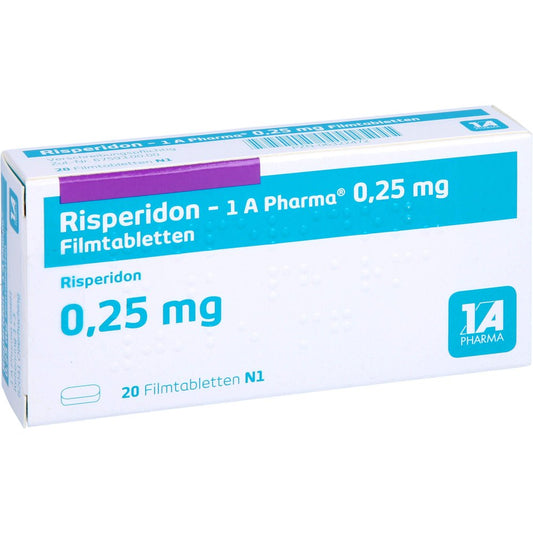 Das Produktfoto zeigt Risperidon-1a Pharma 0,25 Mg Filmtabletten (20 stk) PZN 06322472