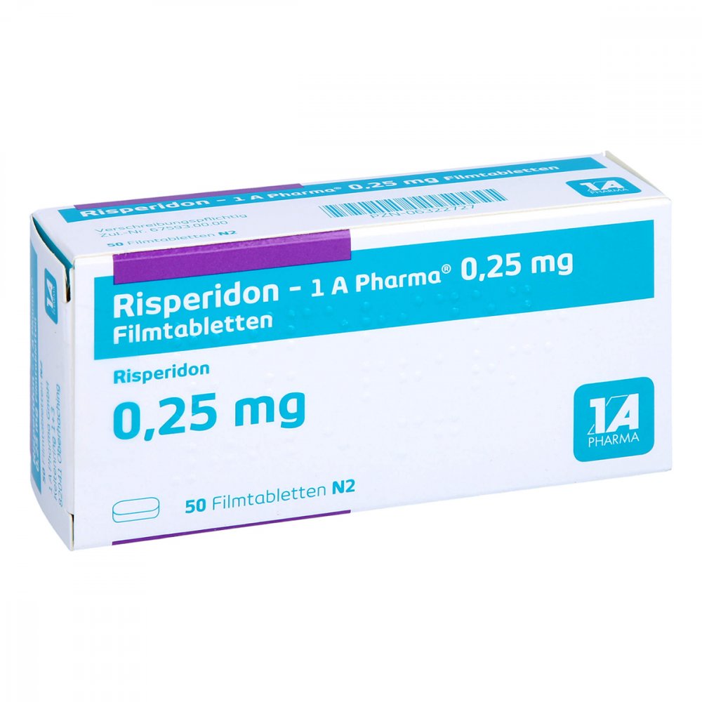 Das Produktfoto zeigt Risperidon-1a Pharma 0,25 Mg Filmtabletten (50 stk) PZN 06322727