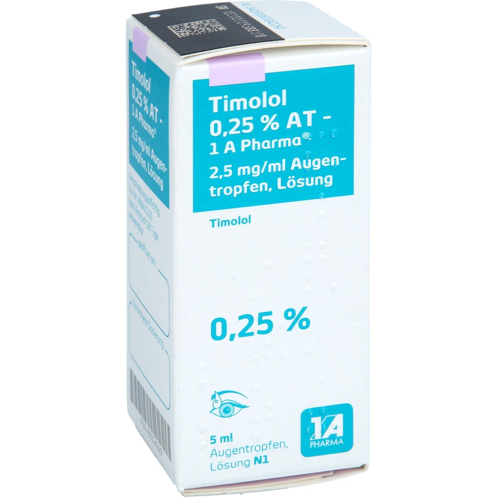 Das Produktfoto zeigt Timolol 0,25% At-1a Pharma Augentropfen (5 ml) PZN 06324229