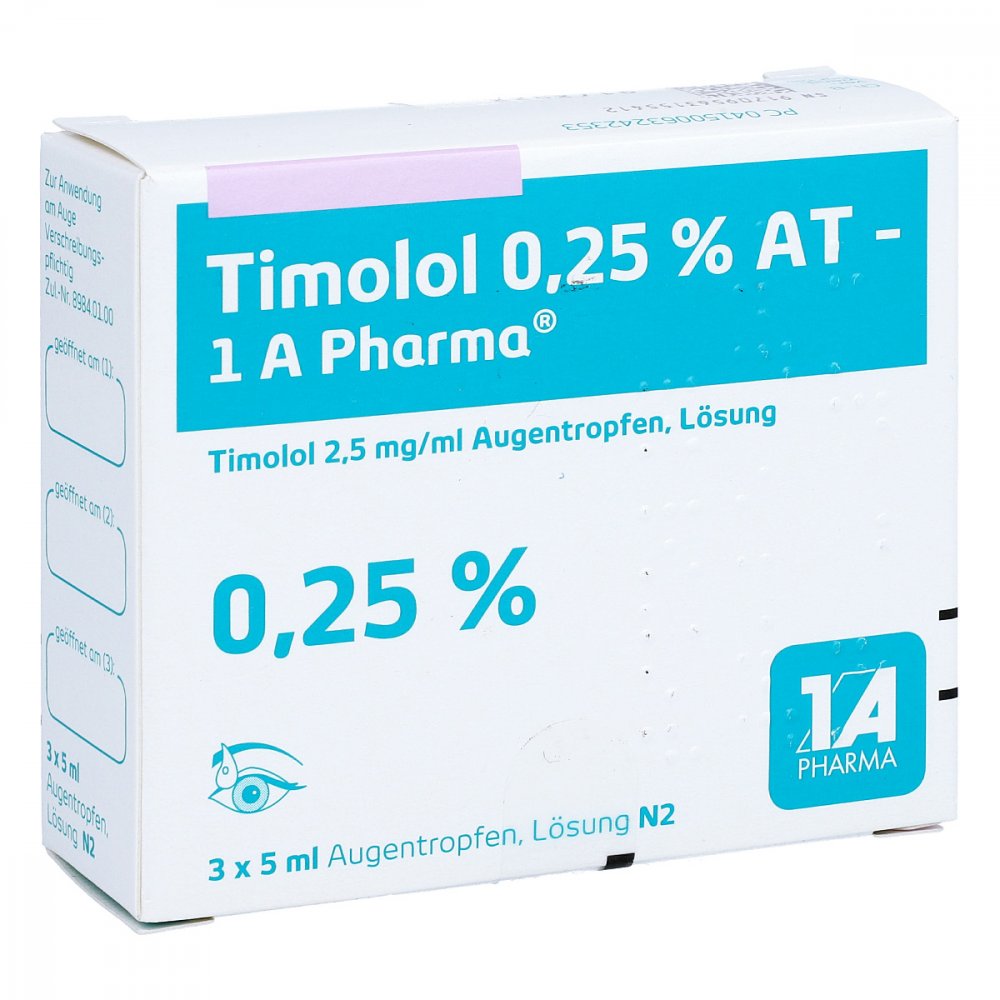 Das Produktfoto zeigt Timolol 0,25% At-1a Pharma Augentropfen (3X5 ml) PZN 06324235
