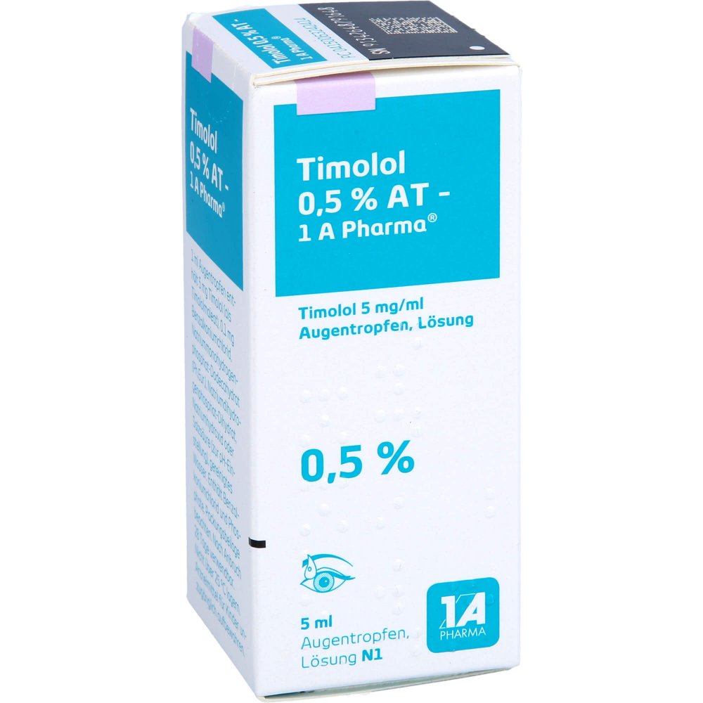 Das Produktfoto zeigt Timolol 0,5% At-1a Pharma Augentropfen (5 ml) PZN 06324241
