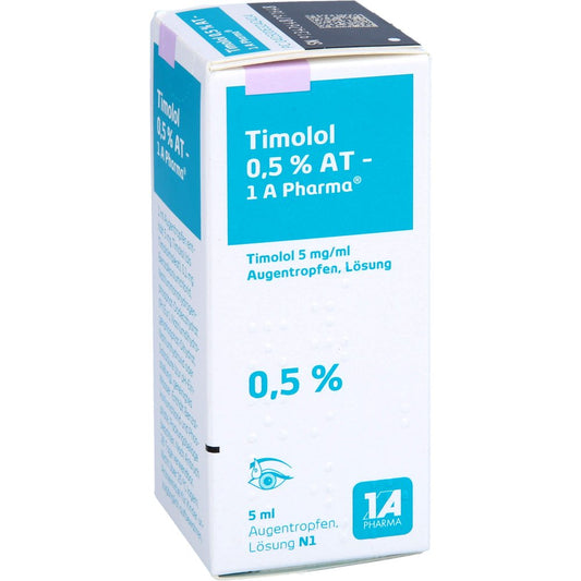 Das Produktfoto zeigt Timolol 0,5% At-1a Pharma Augentropfen (5 ml) PZN 06324241