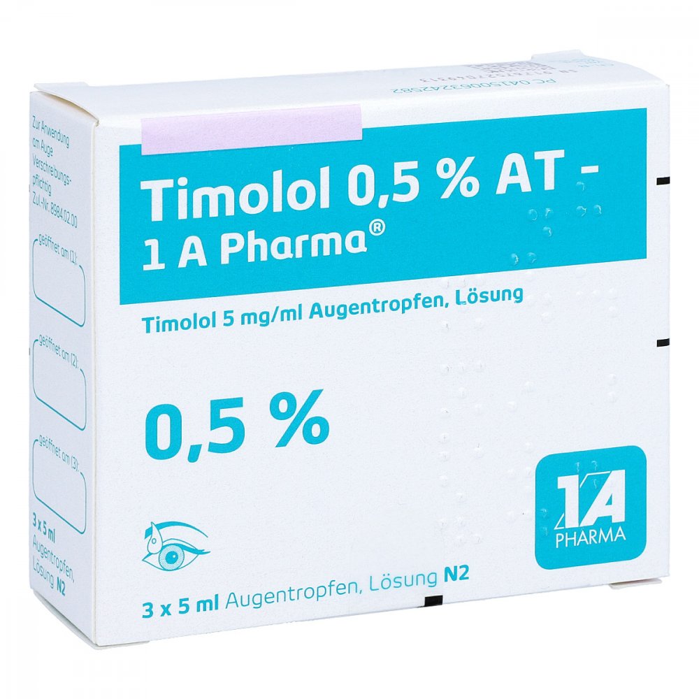 Das Produktfoto zeigt Timolol 0,5% At-1a Pharma Augentropfen (3X5 ml) PZN 06324258