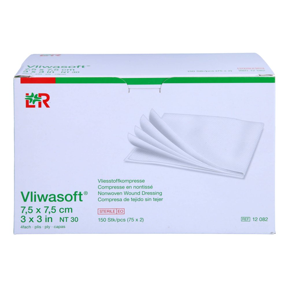 Das Produktfoto zeigt Vliwasoft Vlieskompressen Steril 7,5x7,5 Cm 4l. (150 stk) PZN 06325571