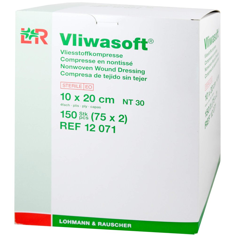 Das Produktfoto zeigt Vliwasoft Vlieskompressen Steril 10x20 Cm 4l. (150 stk) PZN 06325594