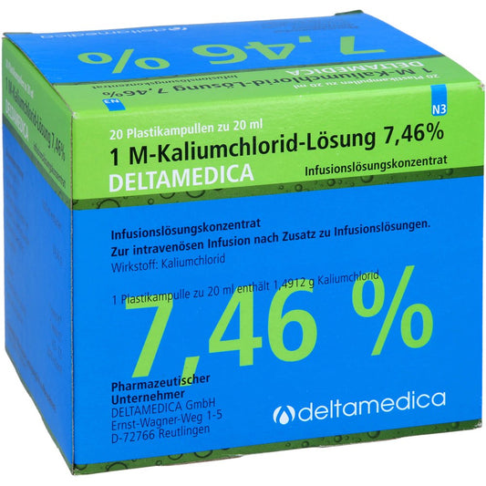 Das Produktfoto zeigt 1 M-Kaliumchlorid Lsg.7,46% Deltamedica Plastikamp (20X20 ml) PZN 06340518