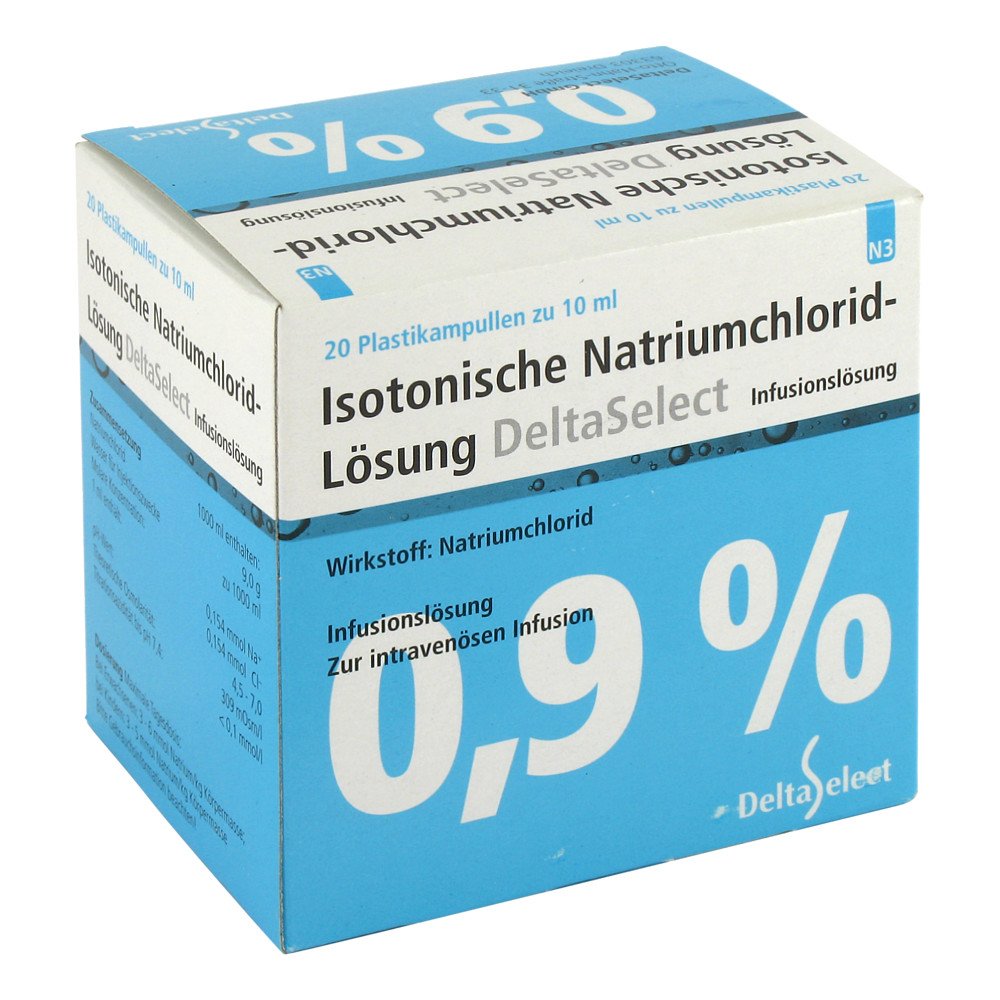 Das Produktfoto zeigt Isotonische Nacl 0,9% Deltamedica Inf.-Lsg.Pl.Amp. (20X10 ml) PZN 06340599