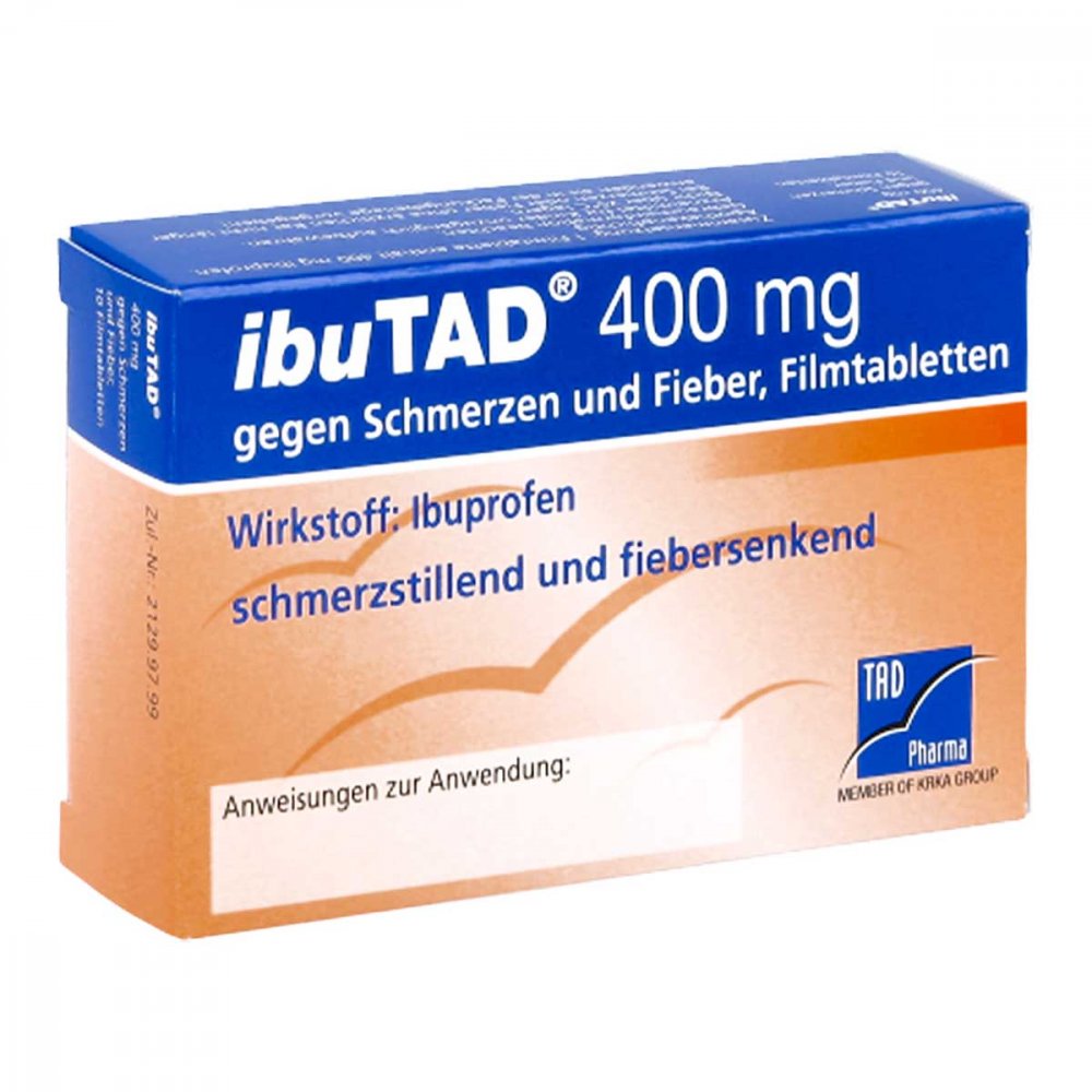Das Produktfoto zeigt Ibutad 400 Mg Gegen Schmerzen Und Fieber Filmtabl. (10 stk) PZN 06407530