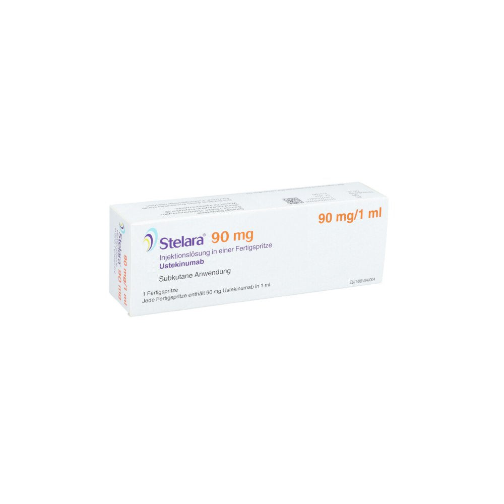Das Produktfoto zeigt Stelara 90 Mg Injektionslösung I.E.Fertigspr. (1 stk) PZN 06435992