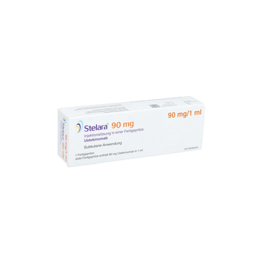 Das Produktfoto zeigt Stelara 90 Mg Injektionslösung I.E.Fertigspr. (1 stk) PZN 06435992