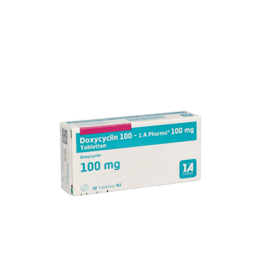 Das Produktfoto zeigt Doxycyclin 100-1a Pharma Tabletten (20 stk) PZN 06437028
