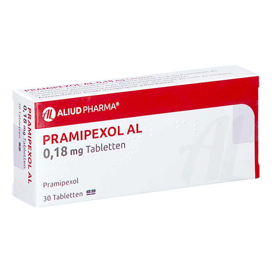 Das Produktfoto zeigt Pramipexol Al 0,18 Mg Tabletten (30 stk) PZN 06453323