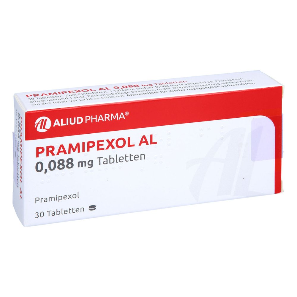 Das Produktfoto zeigt Pramipexol Al 0,088 Mg Tabletten (30 stk) PZN 06453429