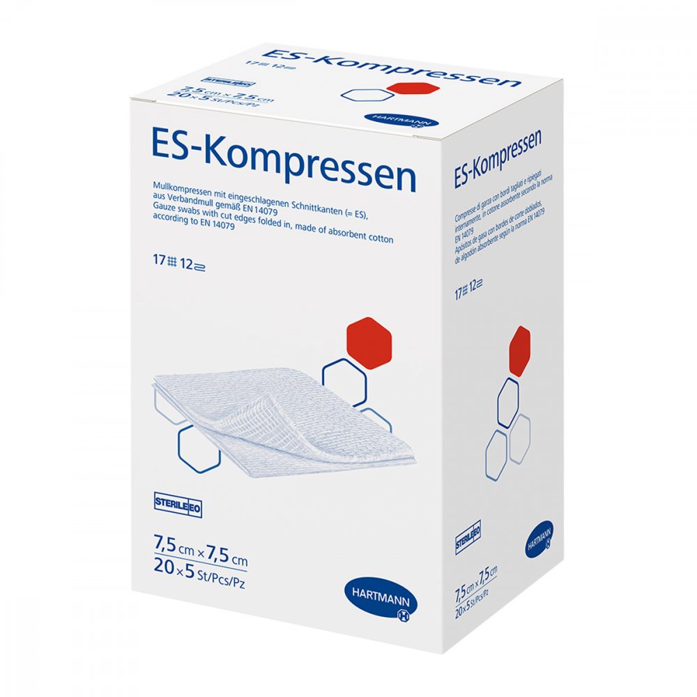 Das Produktfoto zeigt Es-Kompressen Steril 7,5x7,5 Cm 12fach Großpackung (20X5 stk) PZN 06453932