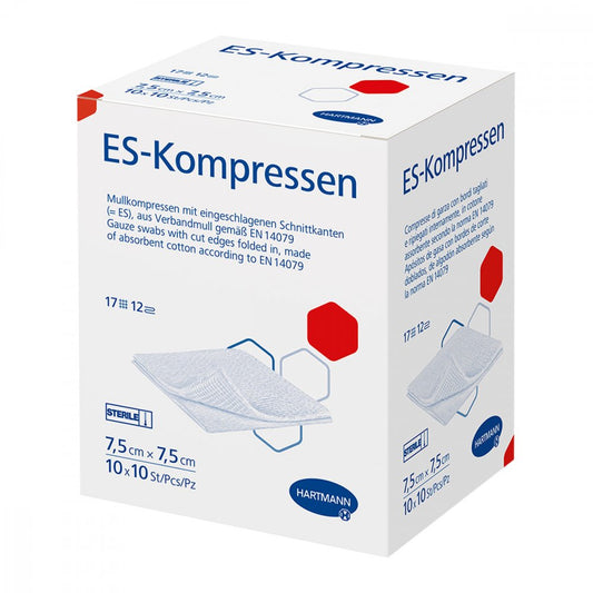 Das Produktfoto zeigt Es-Kompressen Steril 7,5x7,5 Cm 12fach Großpackung (10X10 stk) PZN 06453984