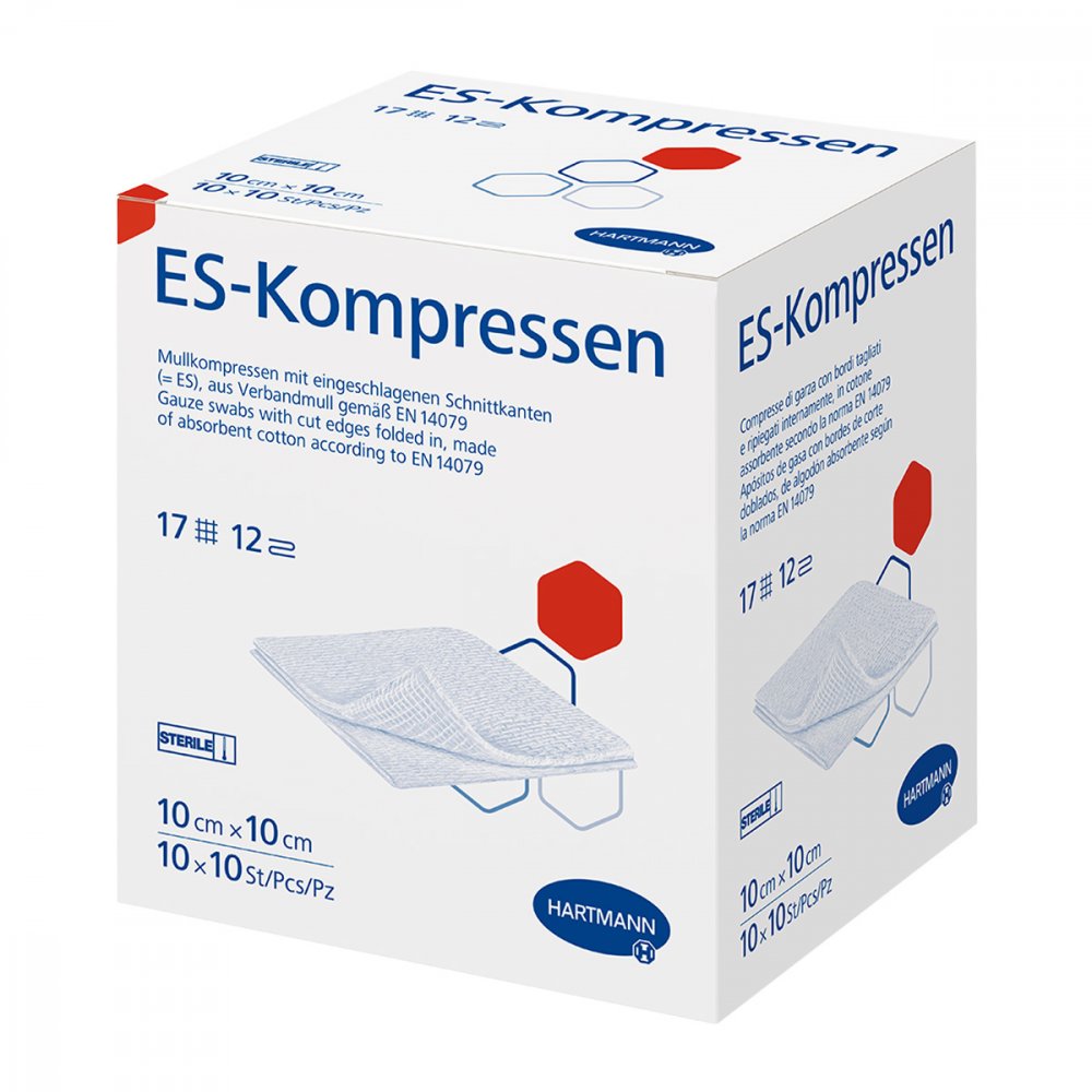Das Produktfoto zeigt Es-Kompressen Steril 10x10 Cm 12fach Großpackung (10X10 stk) PZN 06454127