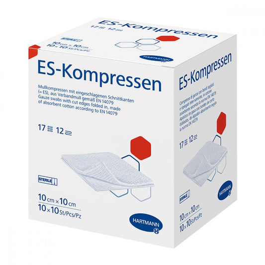 Das Produktfoto zeigt Es-Kompressen Steril 10x10 Cm 12fach Großpackung (10X10 stk) PZN 06454127