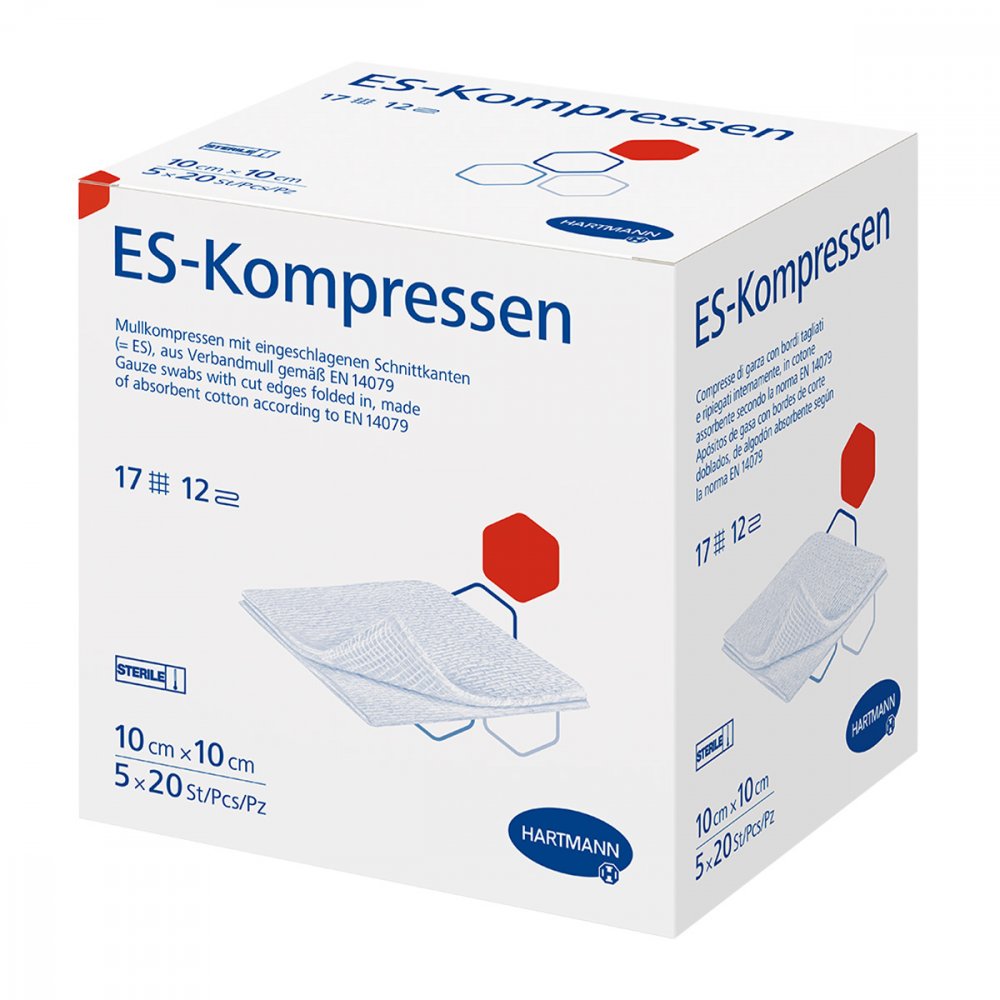 Das Produktfoto zeigt Es-Kompressen Steril 10x10 Cm 12fach Großpackung (5X20 stk) PZN 06454133