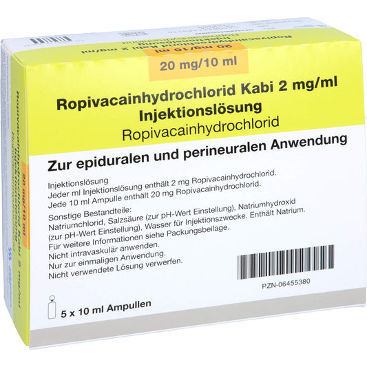 Das Produktfoto zeigt Ropivacainhydrochlorid Kabi 2 Mg/Ml Injektionslsg. (5X10 ml) PZN 06455380