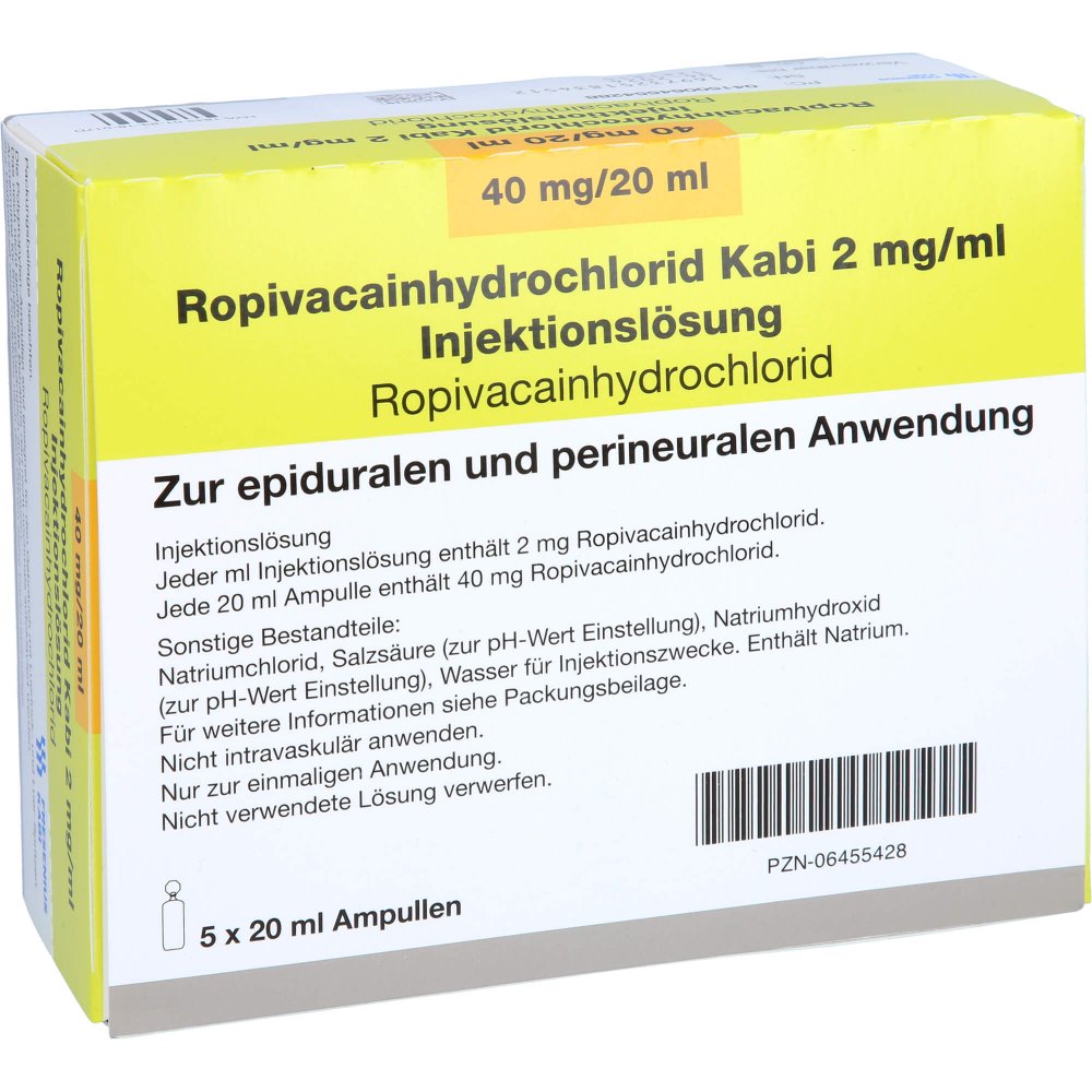 Das Produktfoto zeigt Ropivacainhydrochlorid Kabi 2 Mg/Ml Injektionslsg. (5X20 ml) PZN 06455428
