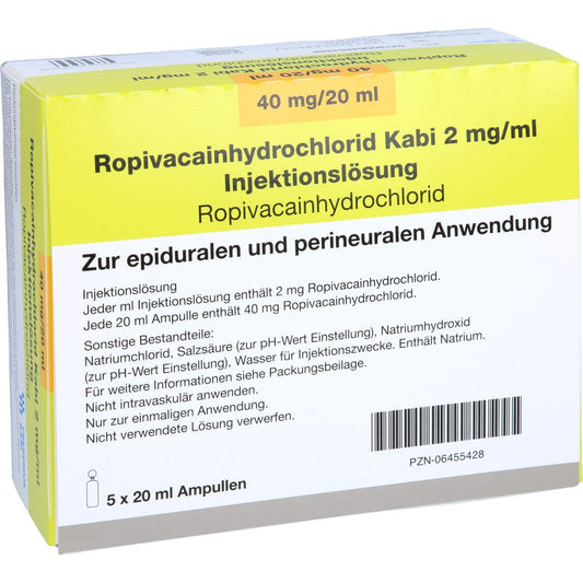 Das Produktfoto zeigt Ropivacainhydrochlorid Kabi 2 Mg/Ml Injektionslsg. (5X20 ml) PZN 06455428